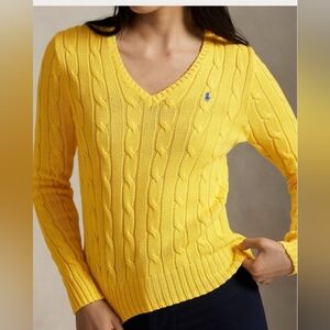 Ralph Lauren Yellow V-Neck Cotton Cable Knit Sweater